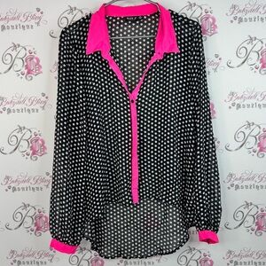 Allen B. By Allen Schwartz blouse dotted Black and neon Pink Polka Dot Blouse